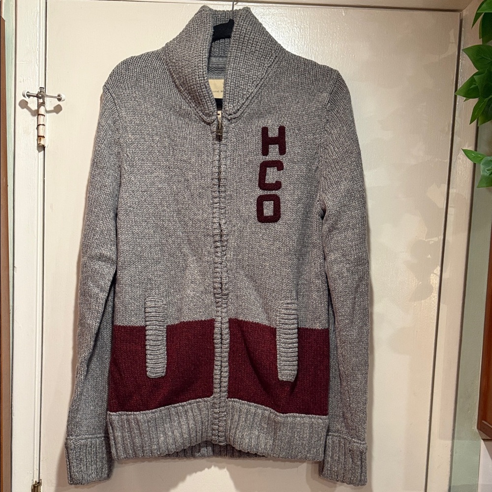 Hollister Co. Men’s Gray knit sweater with bear on Back - Medium - Rear